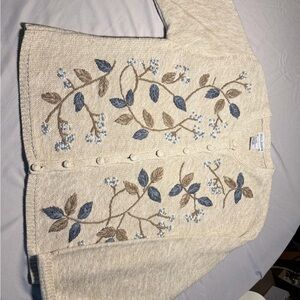 Elegant Cream Cardigan with Blue and Brown Embroidery